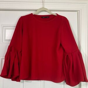 ZARA Woman’s Red Pleated Belle Sleeve Top